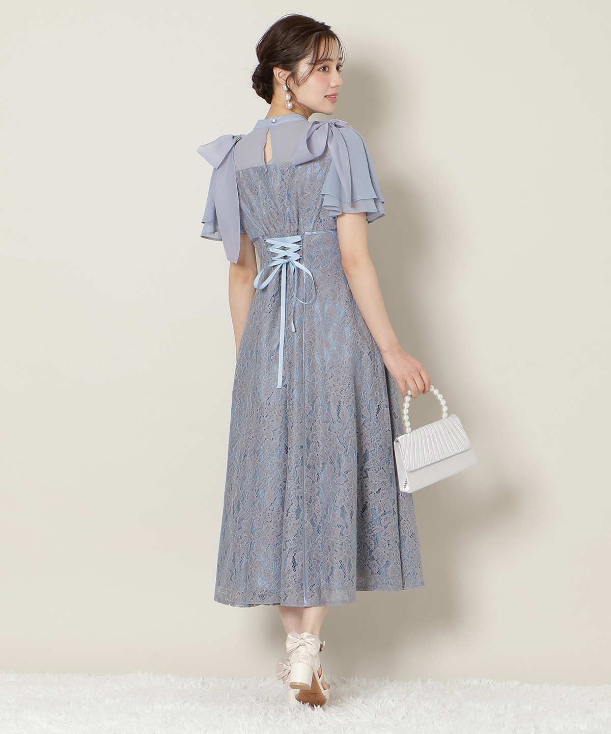 肩リボンパイピングレースワンピース