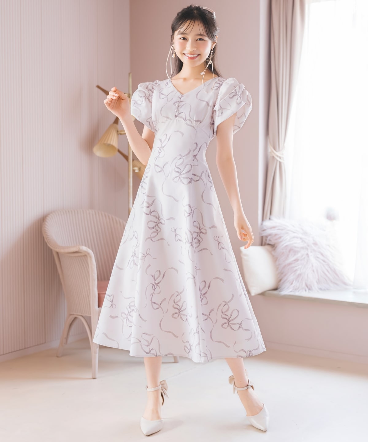 リボンプリントバブルスリーブフレアワンピース