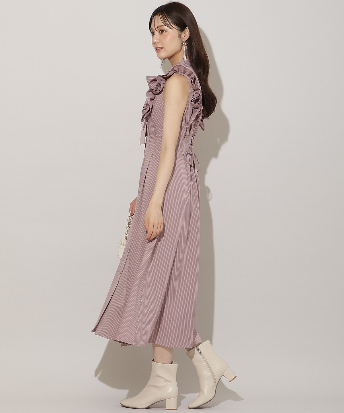 フリルスリーブリボンタイシャツワンピース