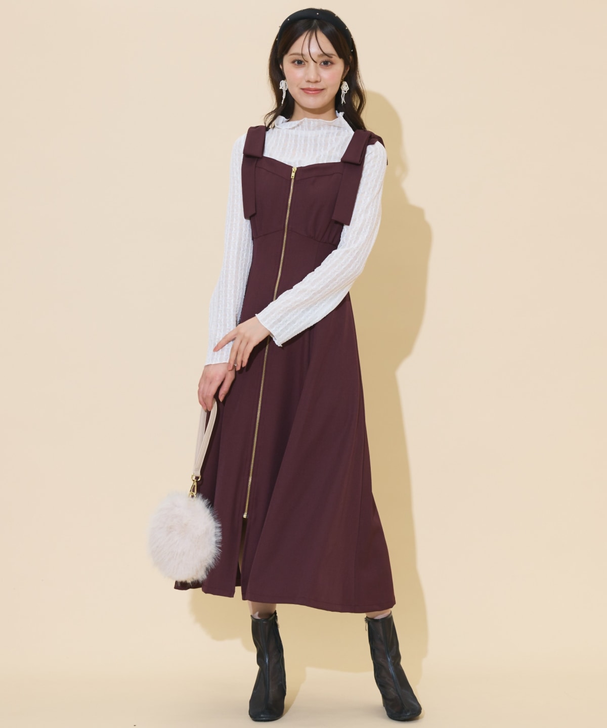 ショルダーリボンフロントZIPワンピース