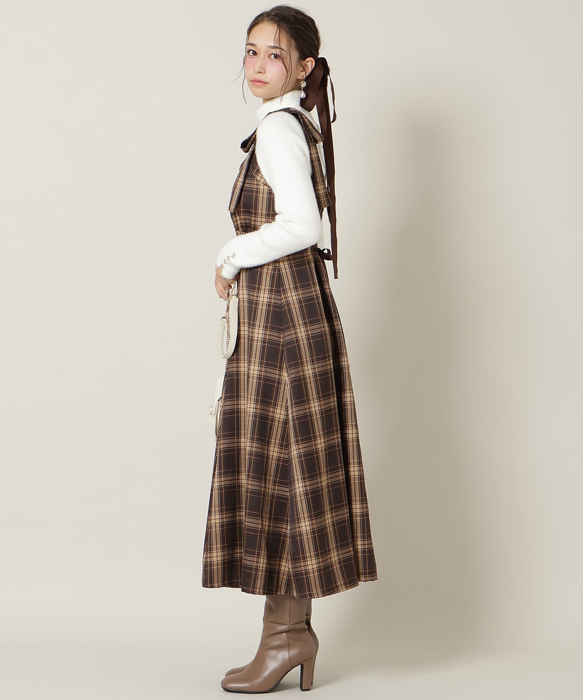 ショルダーリボンフロントZIPワンピース