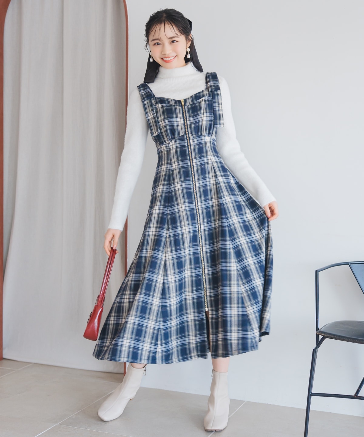 【新色追加】ショルダーリボンフロントZIPワンピース