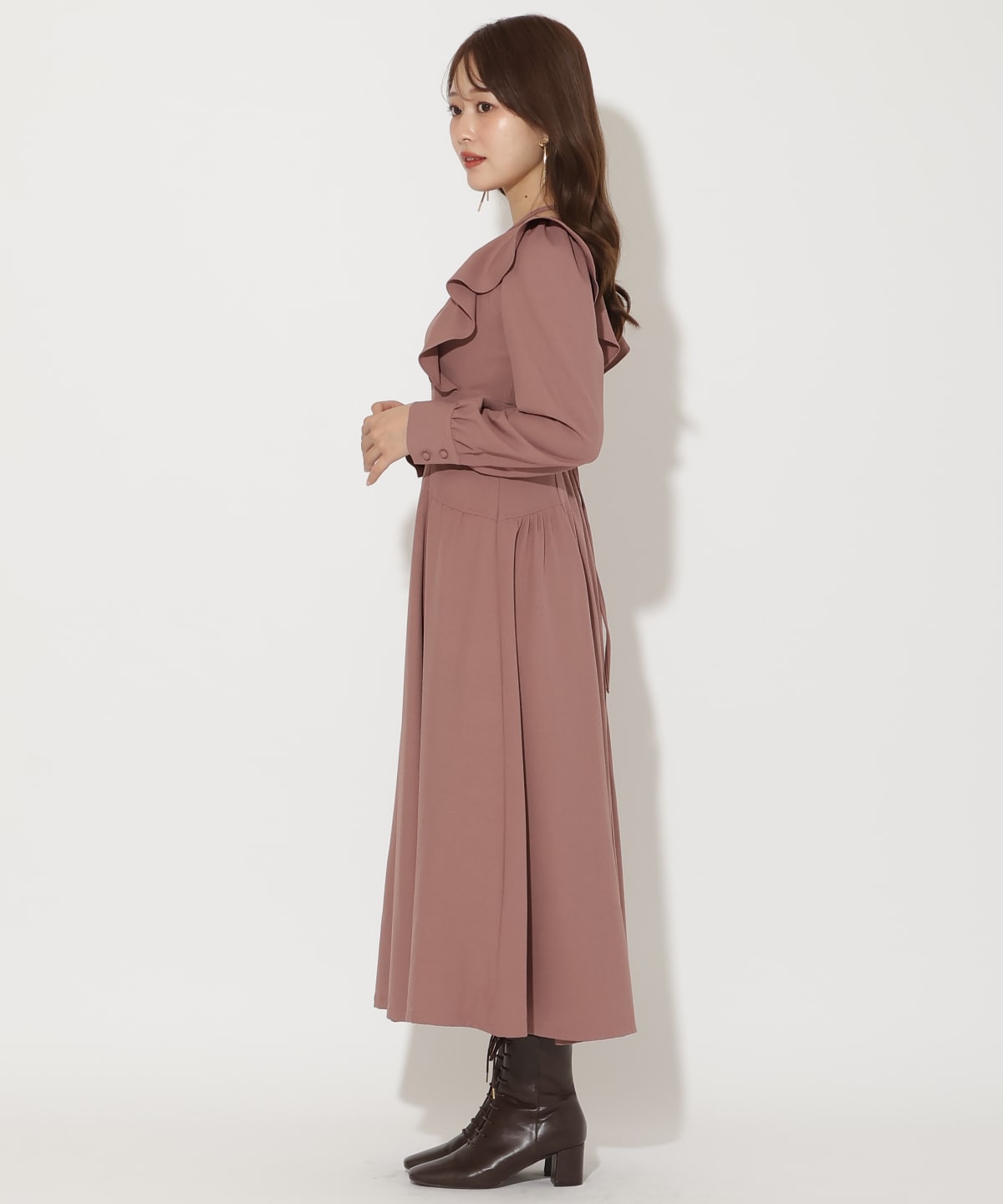 ネックリボンギャザー切り替えワンピース