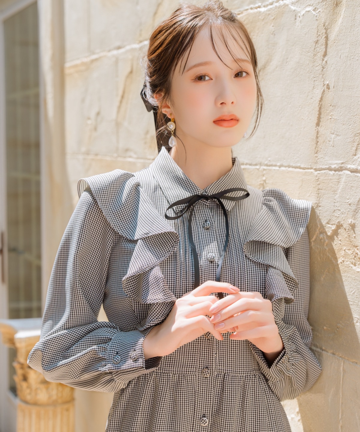 リボンタイティアードシャツワンピース