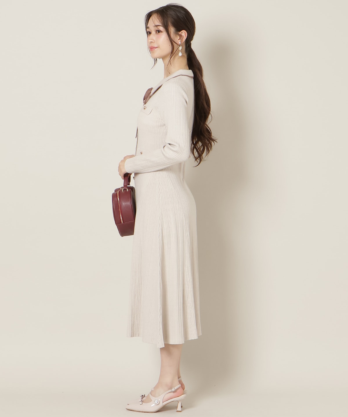 フロントボタンリボンタイニットワンピース