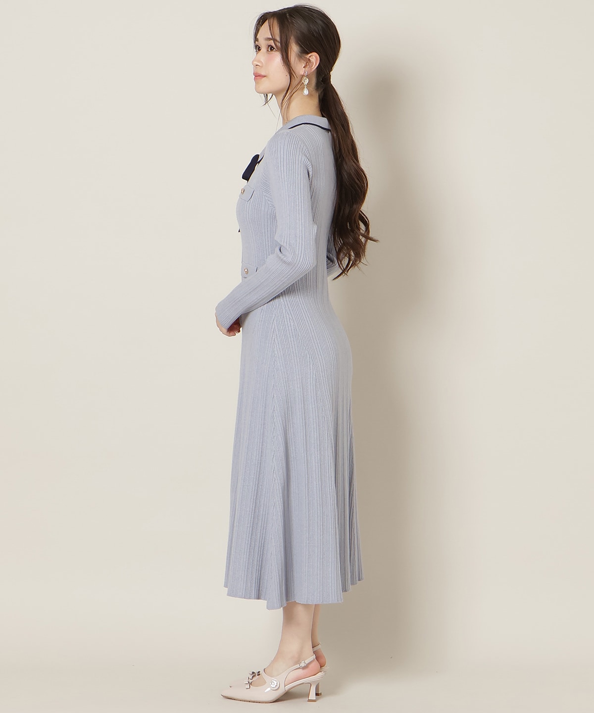 フロントボタンリボンタイニットワンピース