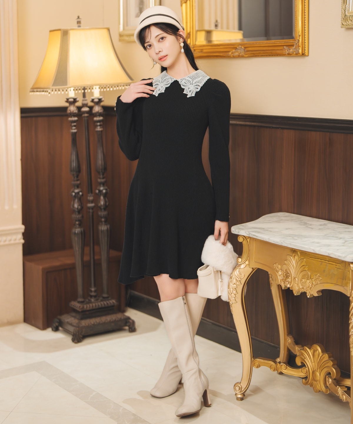 【12/5(fri)10時発売】リボンレースカラーニットワンピース