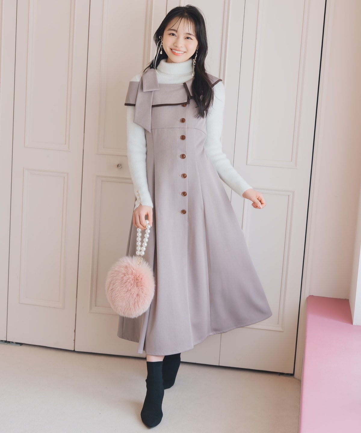 アシンメトリーリボンショルダーワンピース