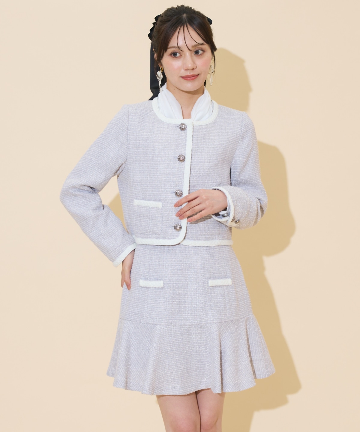 ブレードデザインノーカラーツイードジャケット