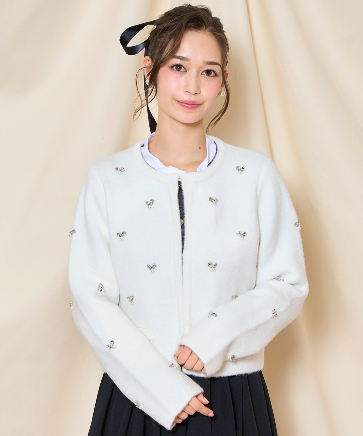 ノーカラービジューニットジャケット