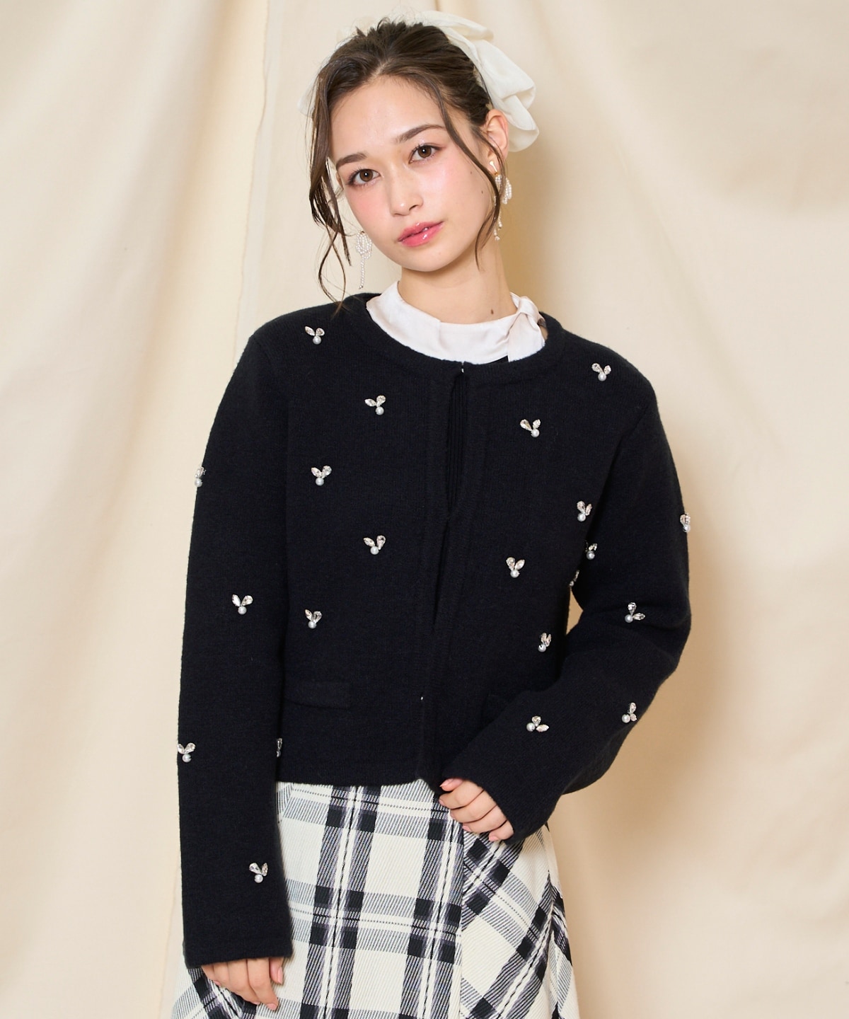 ノーカラービジューニットジャケット