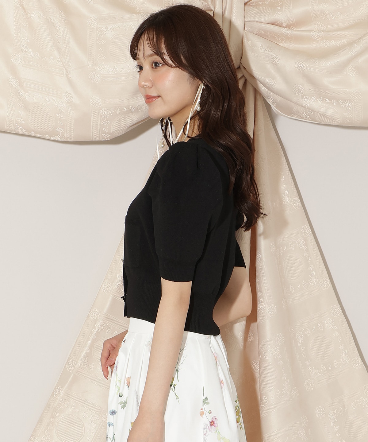 ビジューリボンタックスリーブカーディガン