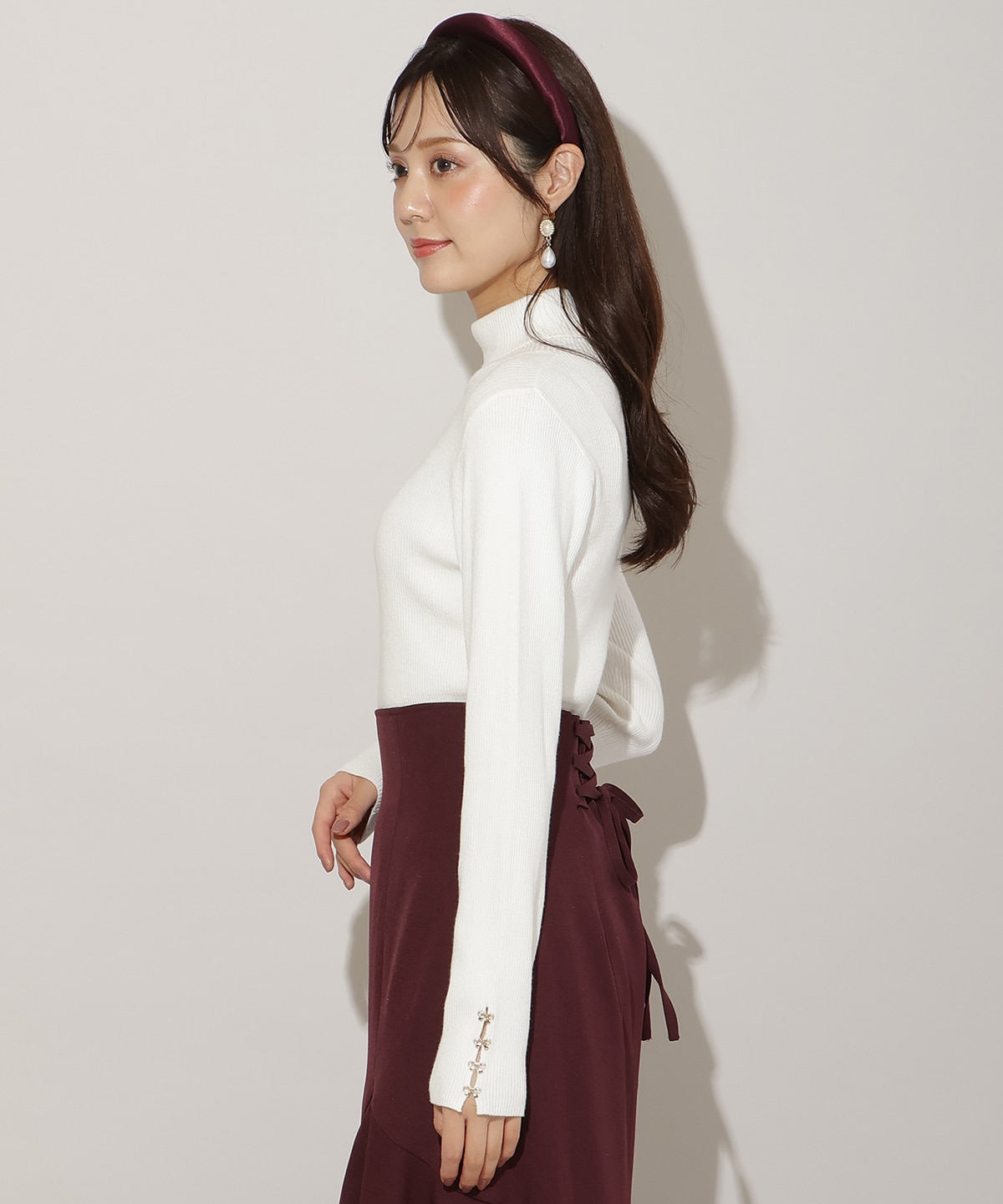 袖口リボンリブタートルニット