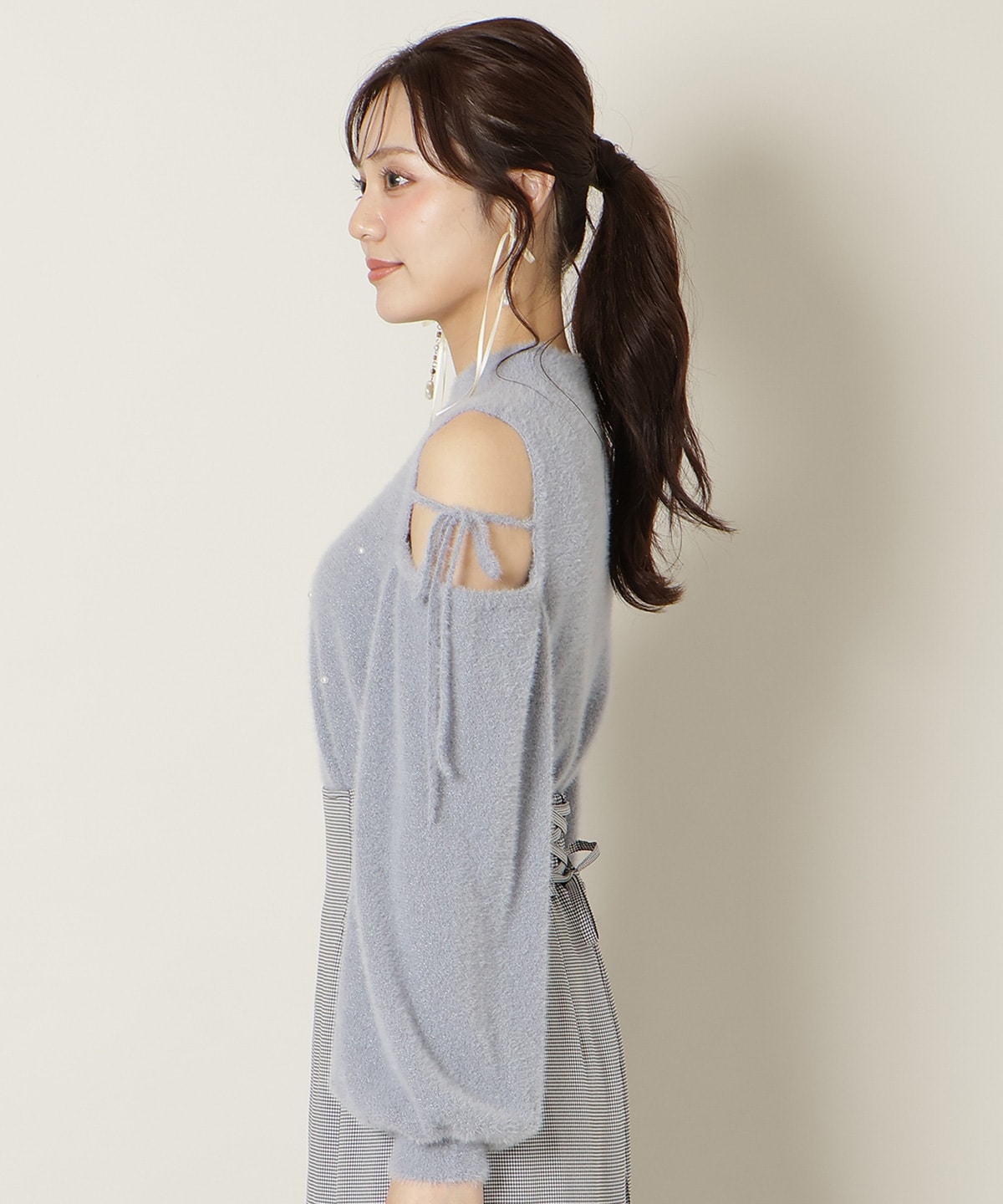 パールビジューフェザーニットトップス