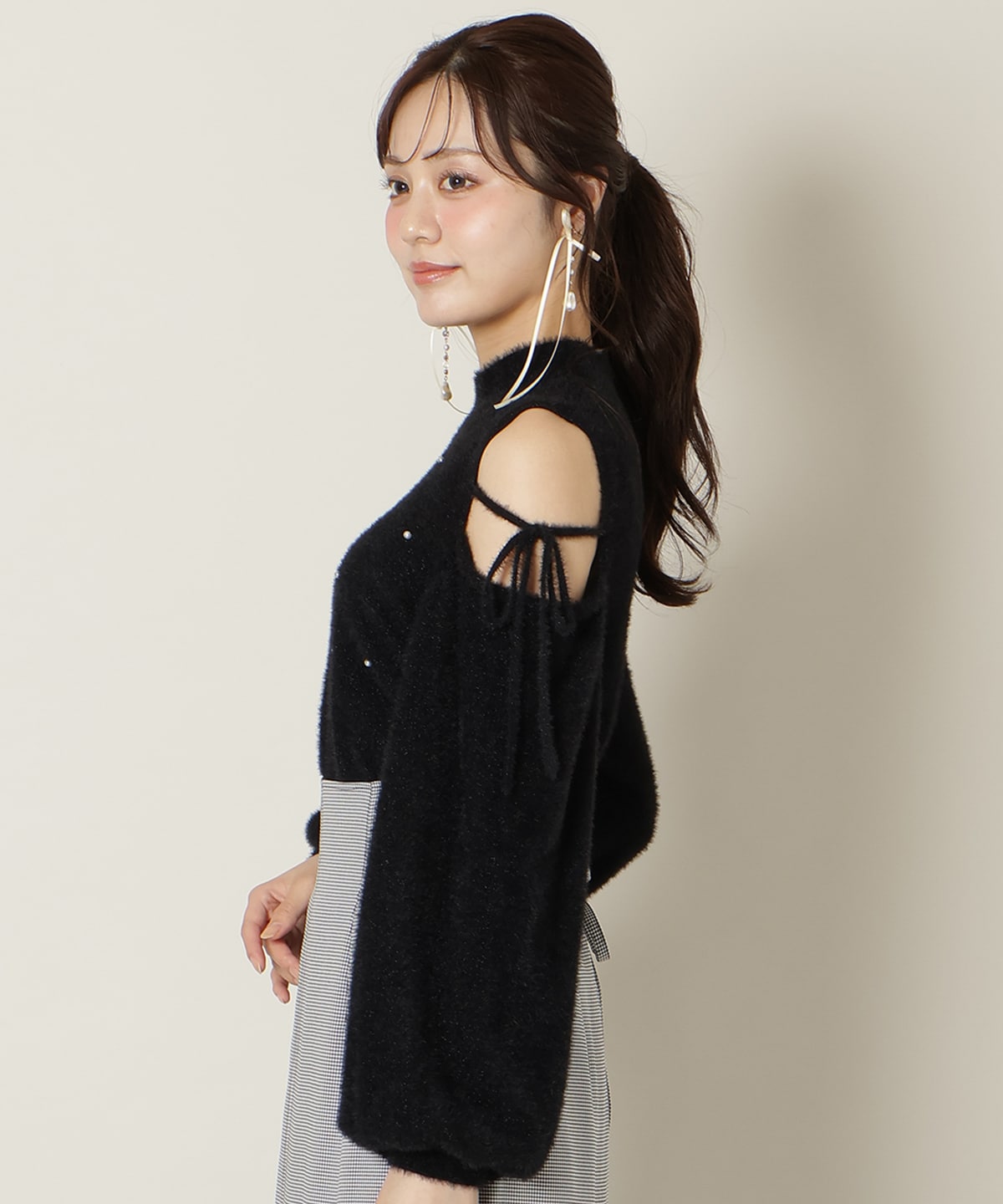 パールビジューフェザーニットトップス