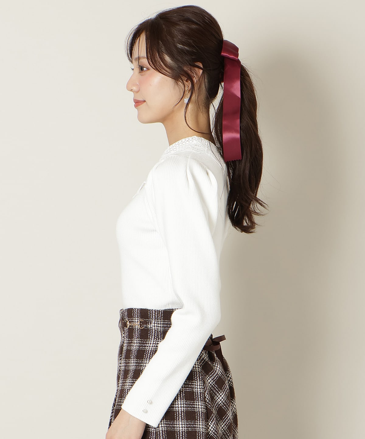 リボンレースカラータックスリーブニット