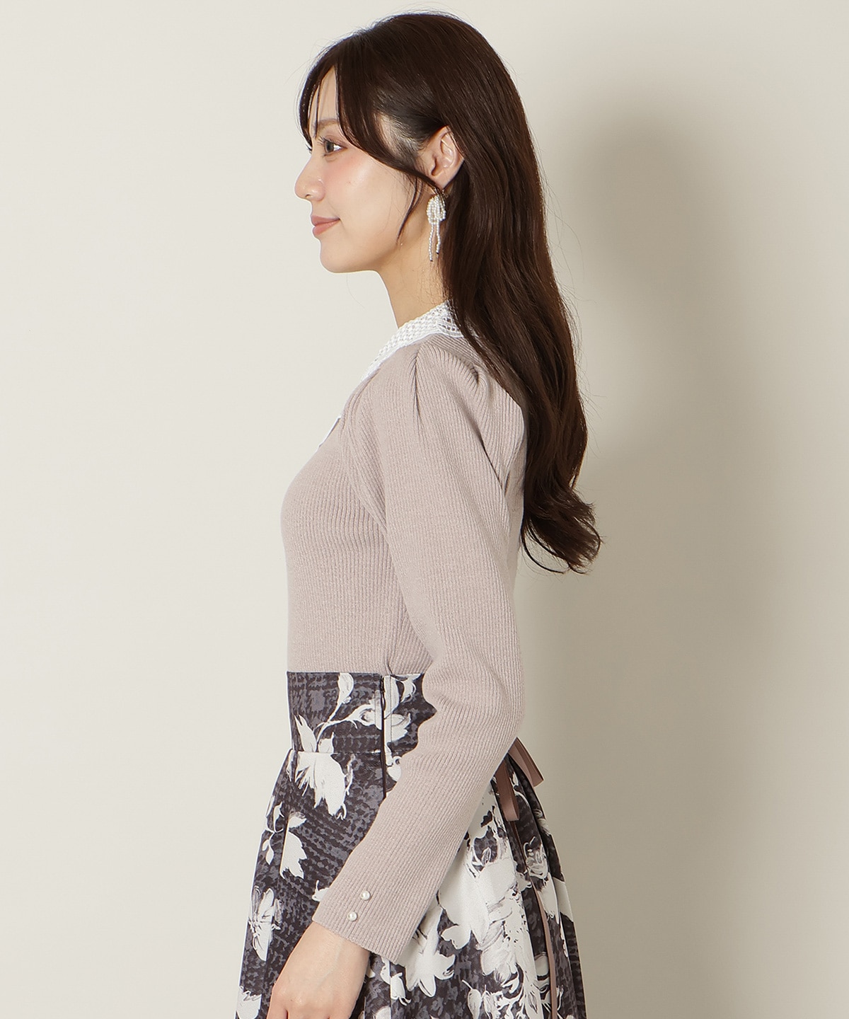 リボンレースカラータックスリーブニット