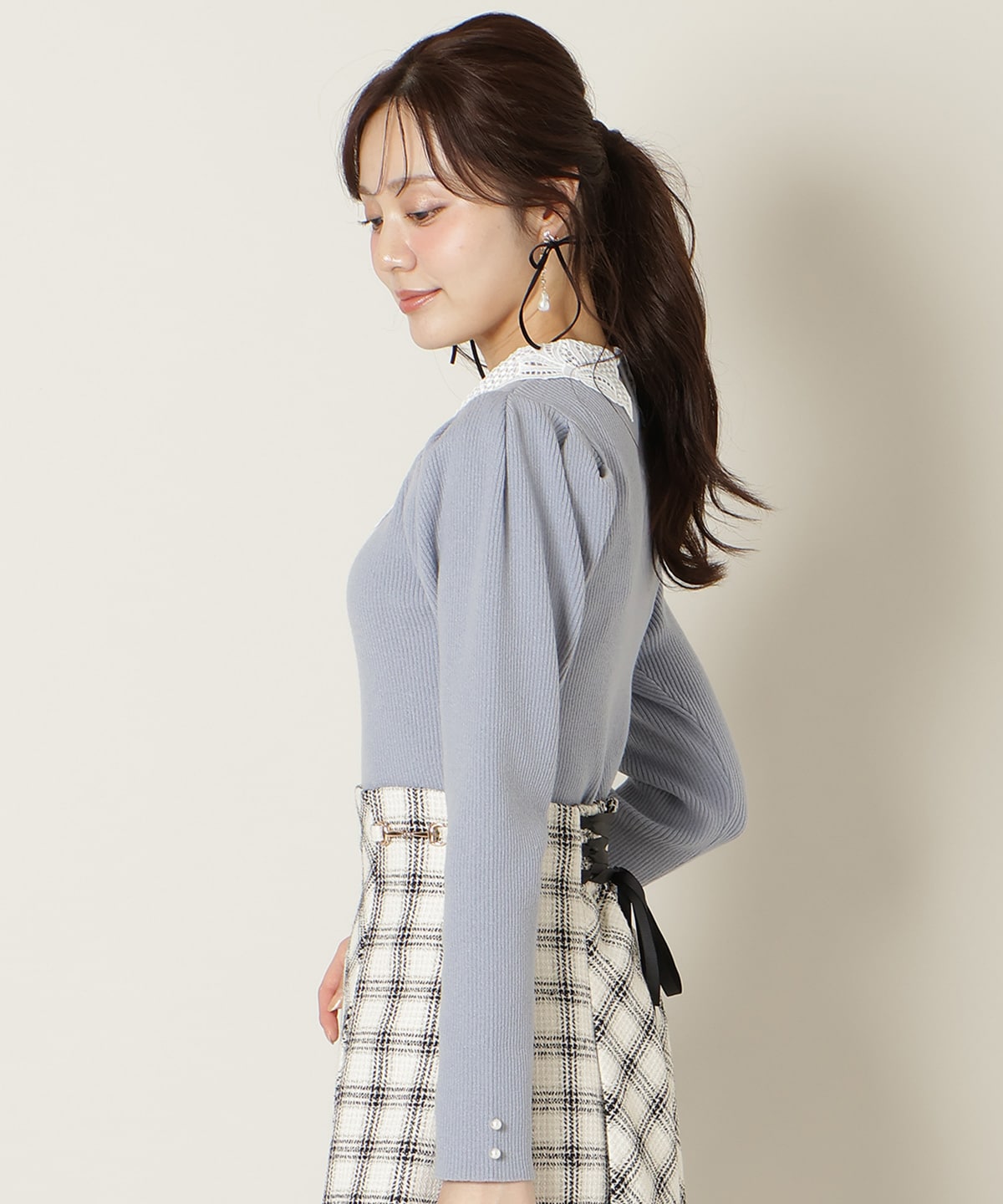 リボンレースカラータックスリーブニット