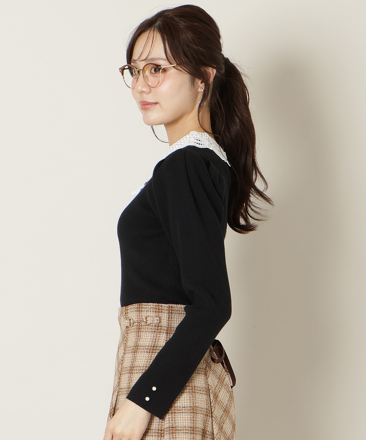 リボンレースカラータックスリーブニット