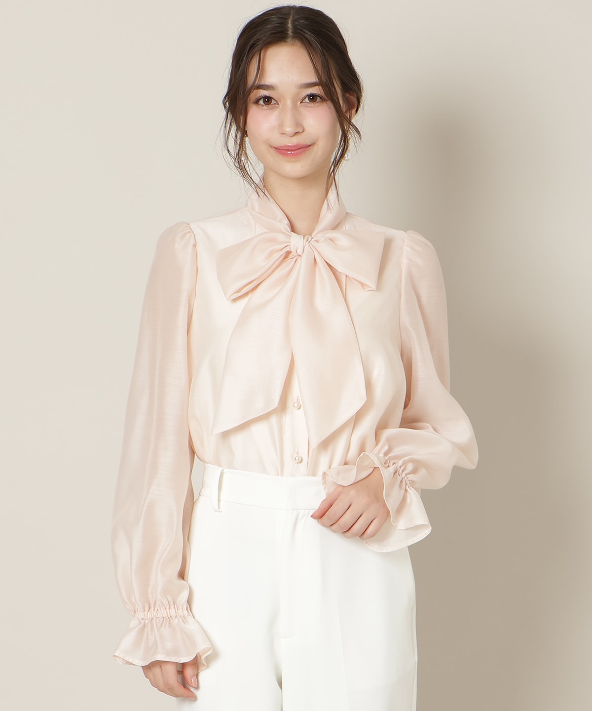 フリルスリーブシアーボウタイブラウス
