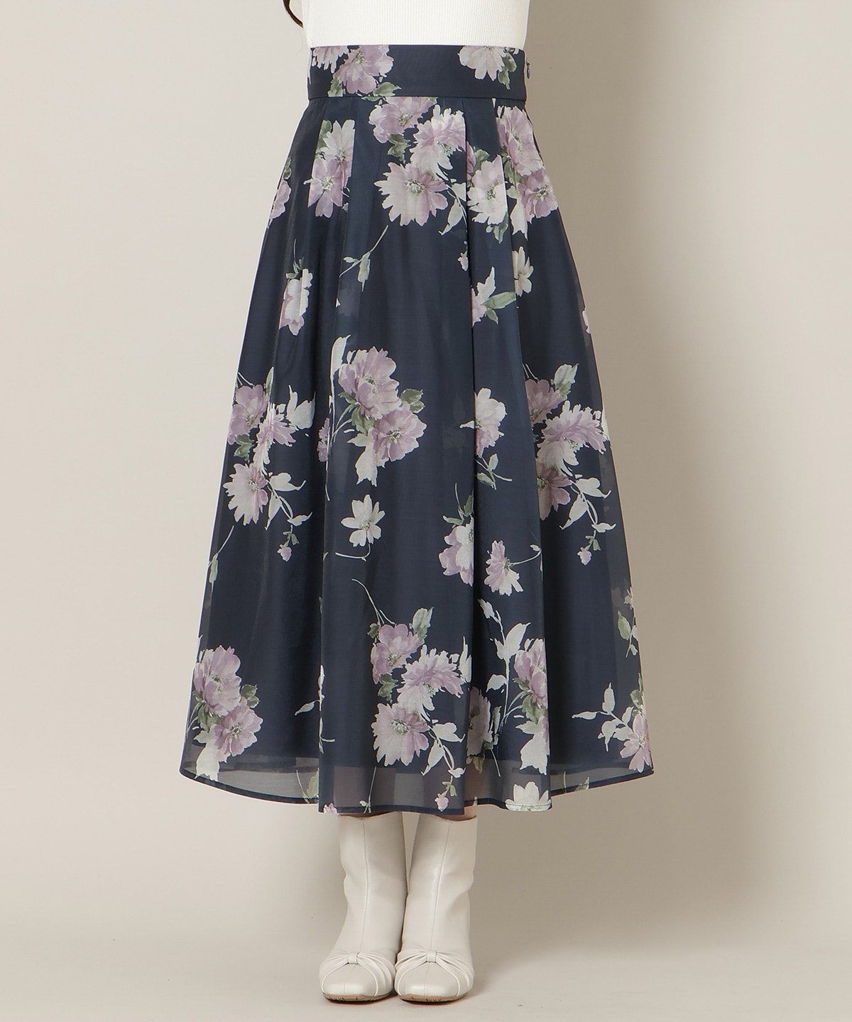 フラワープリントシアータックスカート