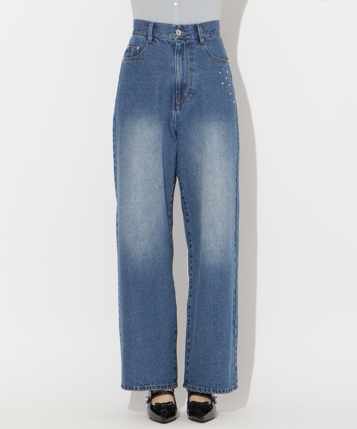 ビジューポケットワイドデニムパンツ