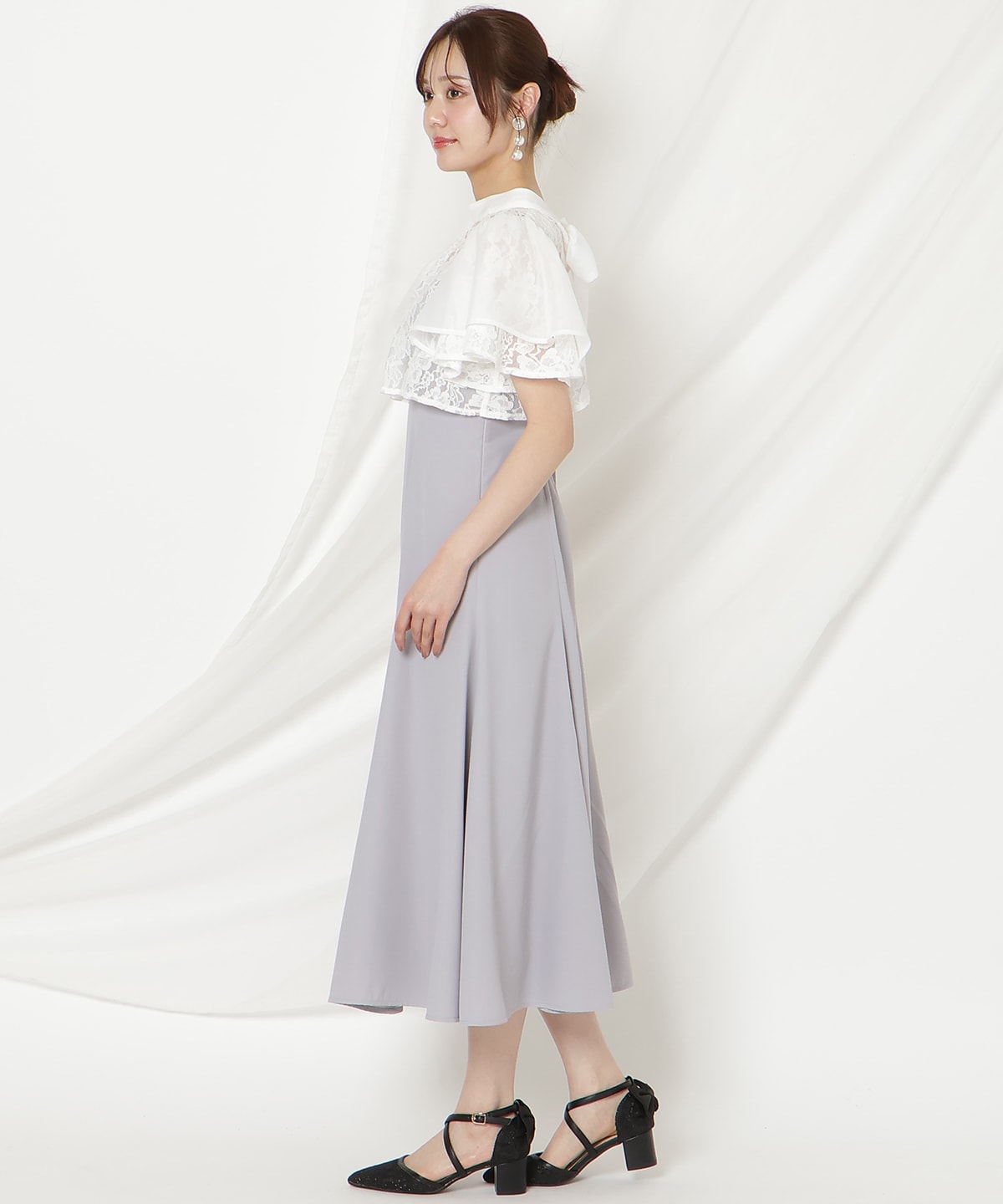 バックリボンシフォンレースブラウス×フレアロングキャミワンピース