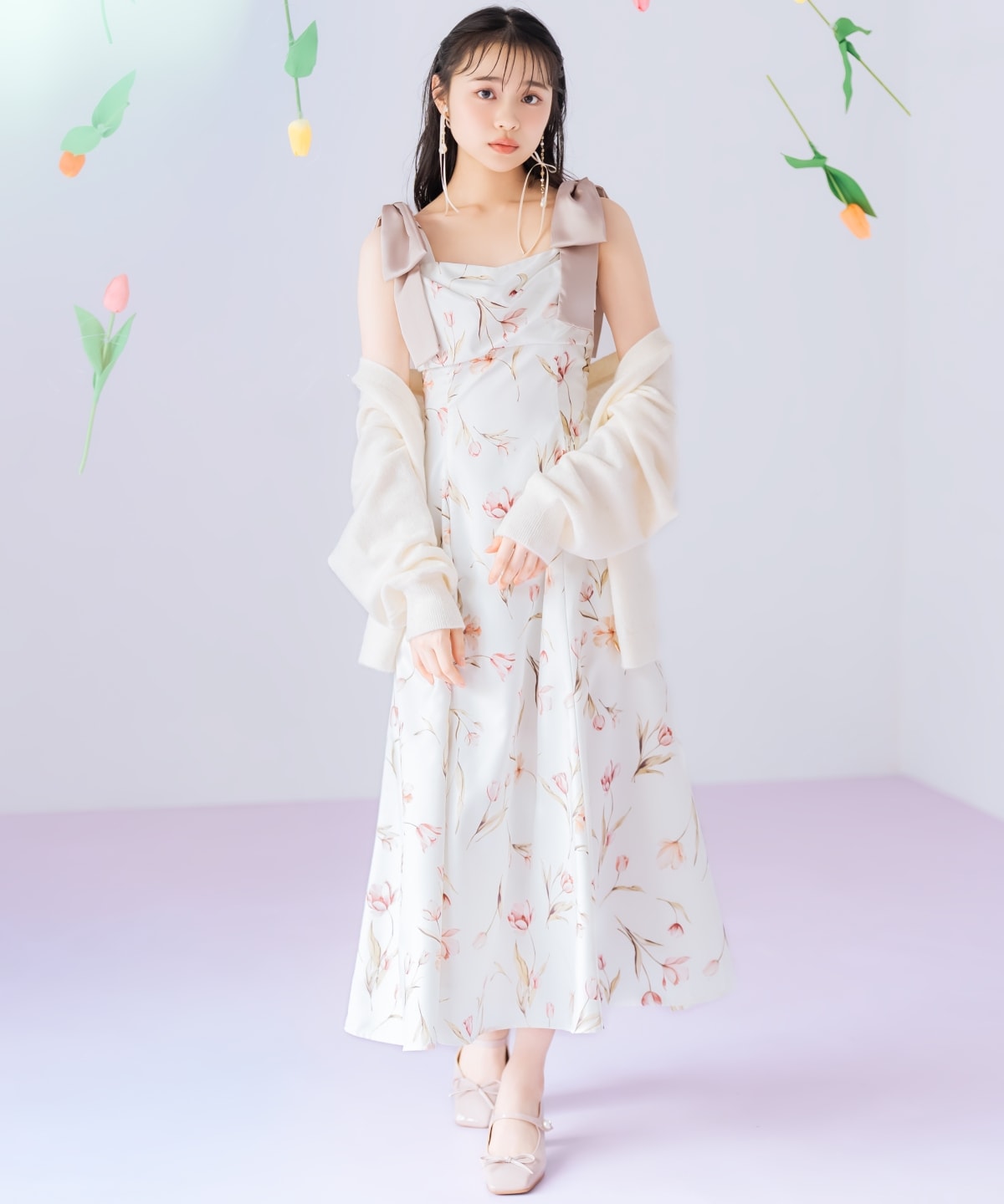 【1/14(wed)18時先行予約開始 】リボンショルダーチューリップフレアワンピース