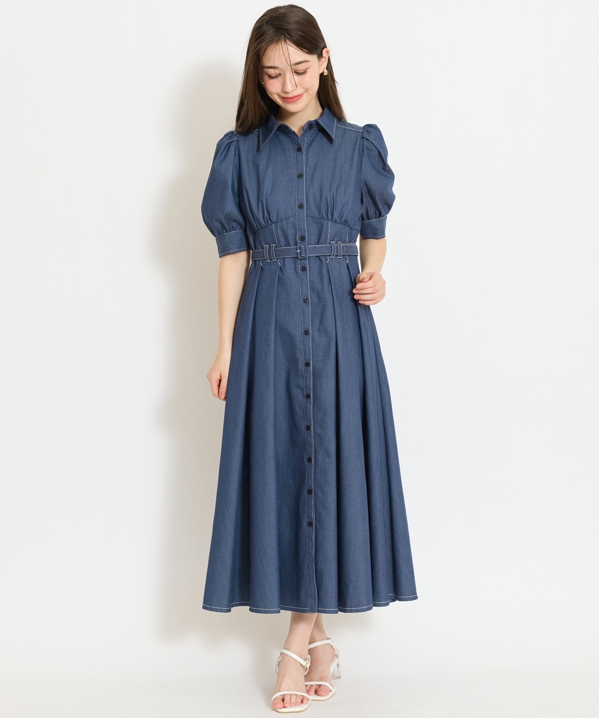 ベルト付きタックスリーブフレアワンピース