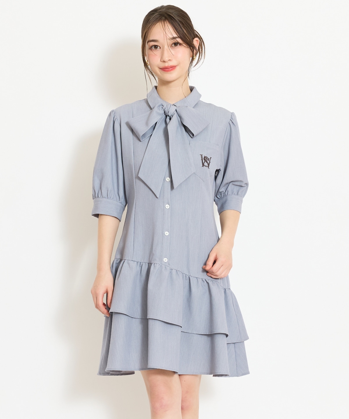 ティアードフリルリボンタイシャツワンピース