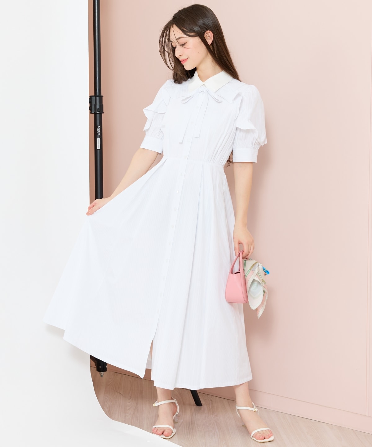 ラッフルパフスリーブシャツワンピース
