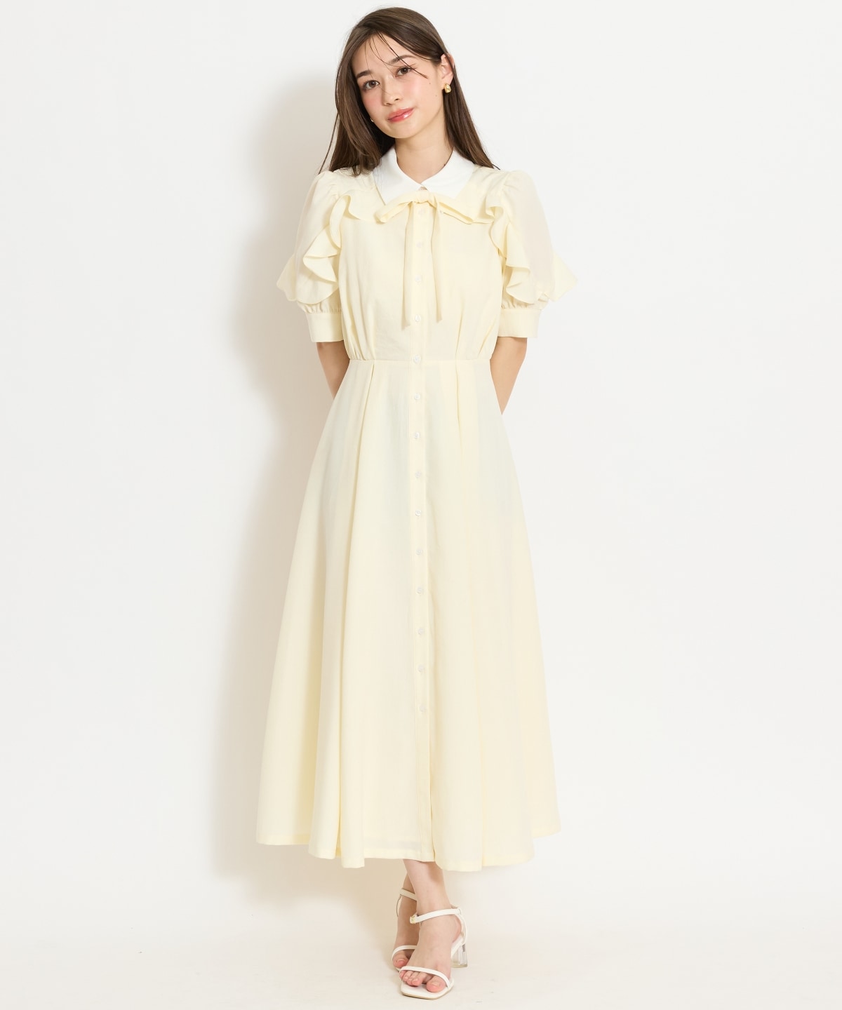 ラッフルパフスリーブシャツワンピース