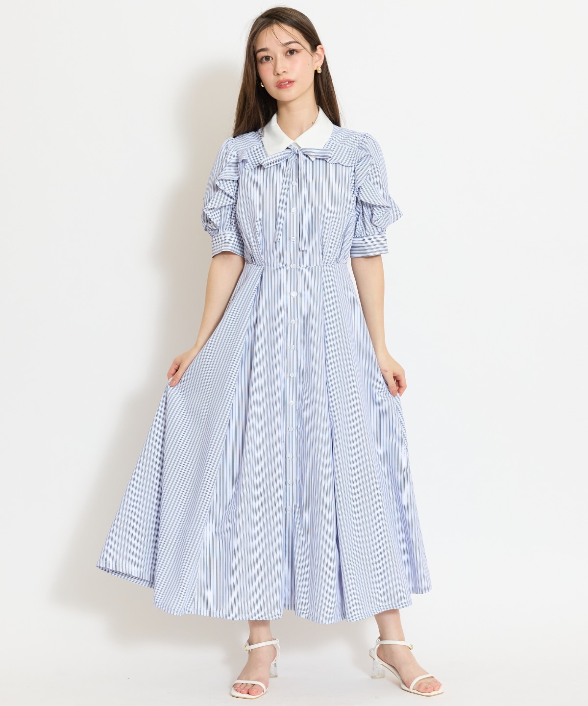 ラッフルパフスリーブシャツワンピース