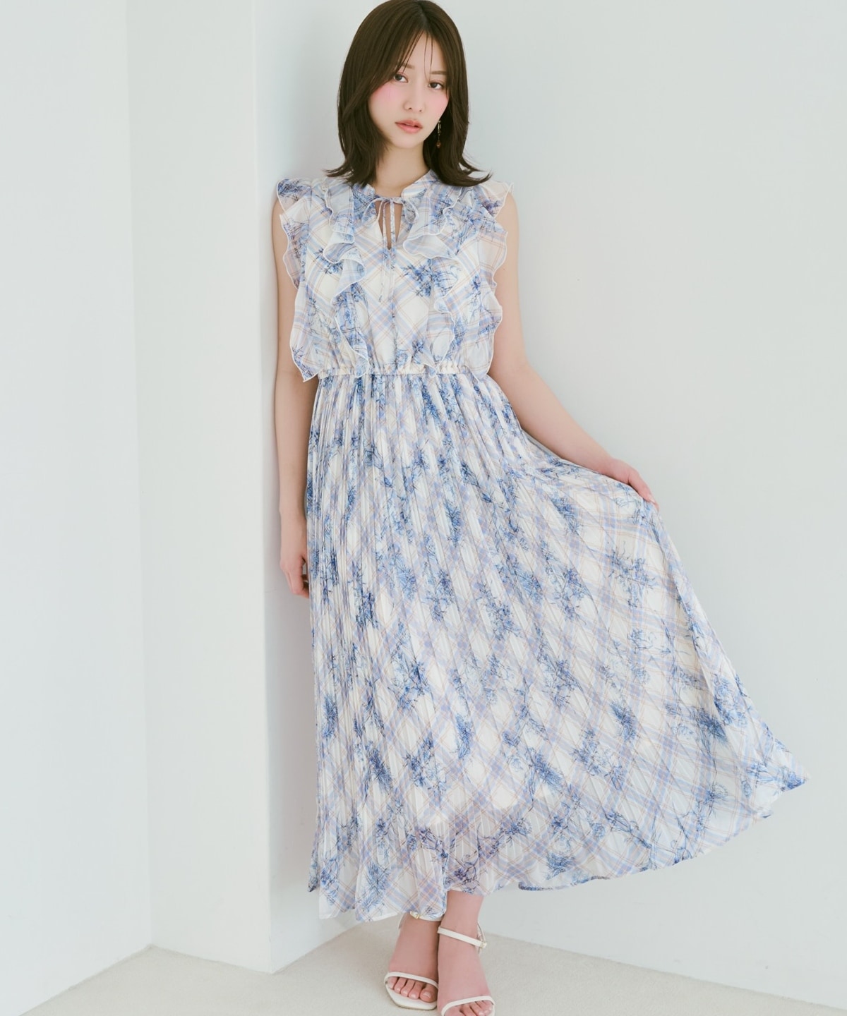 フラワーチェックプリントプリーツ切替ワンピース