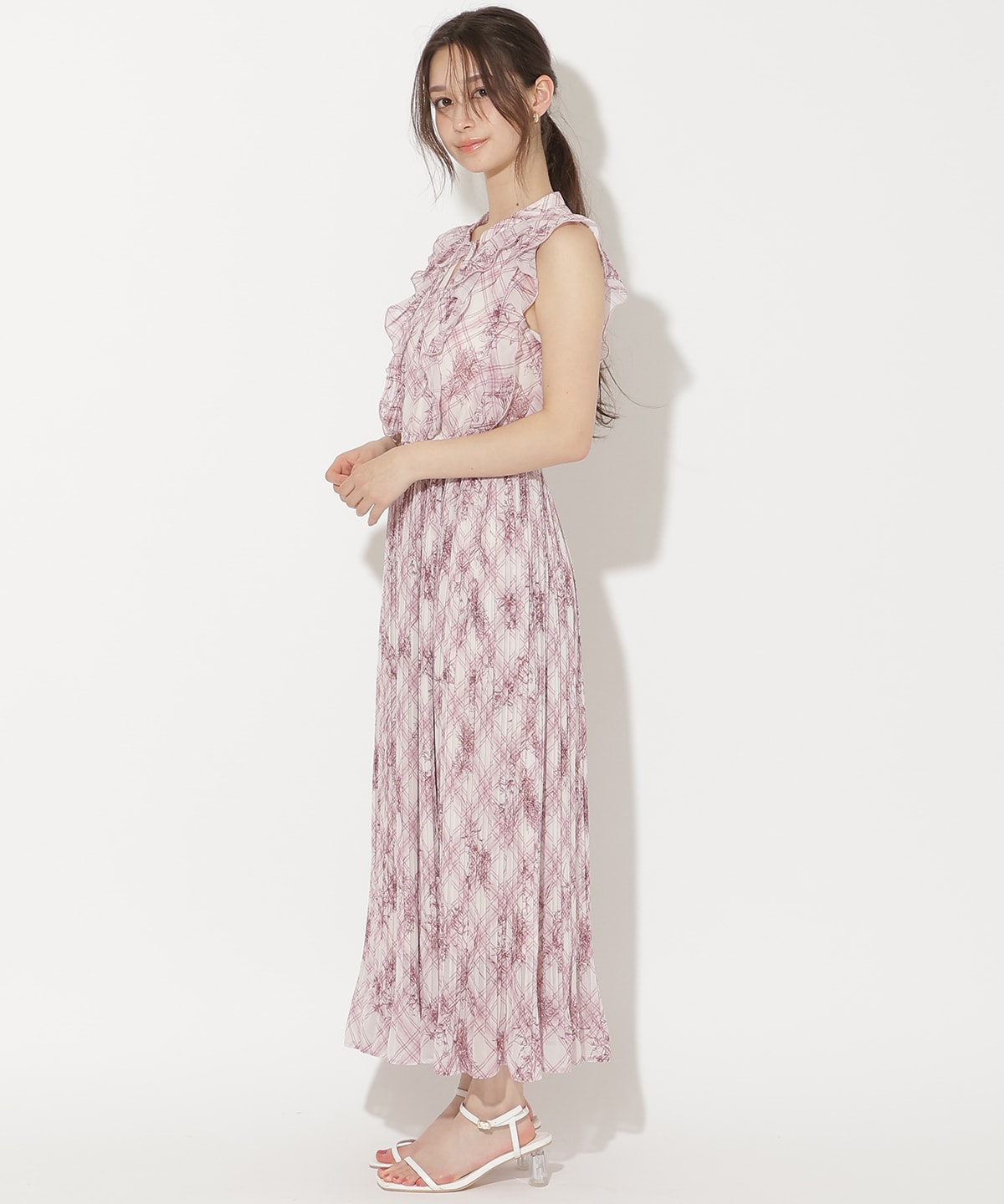 フラワーチェックプリントプリーツ切替ワンピース