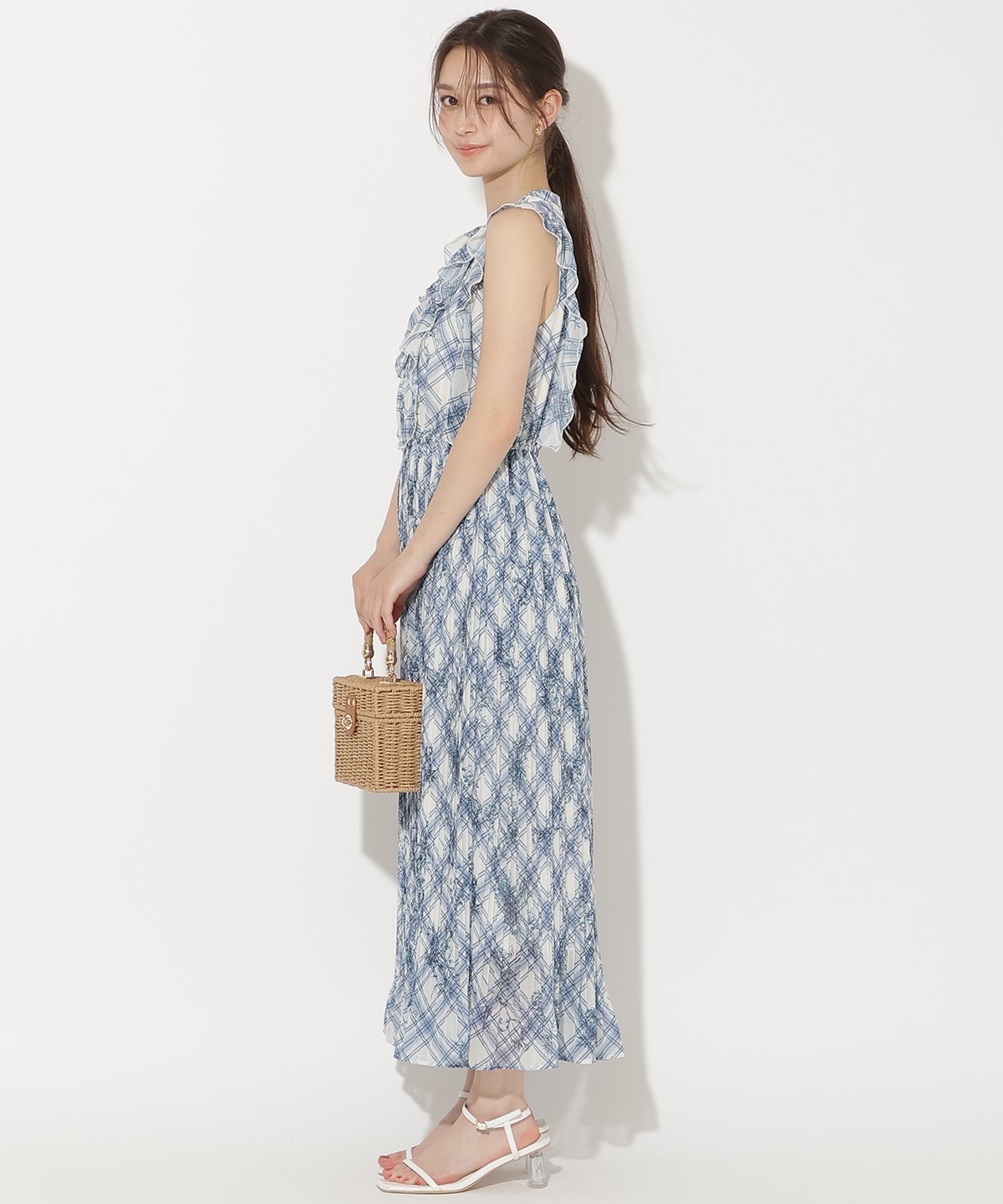 フラワーチェックプリントプリーツ切替ワンピース