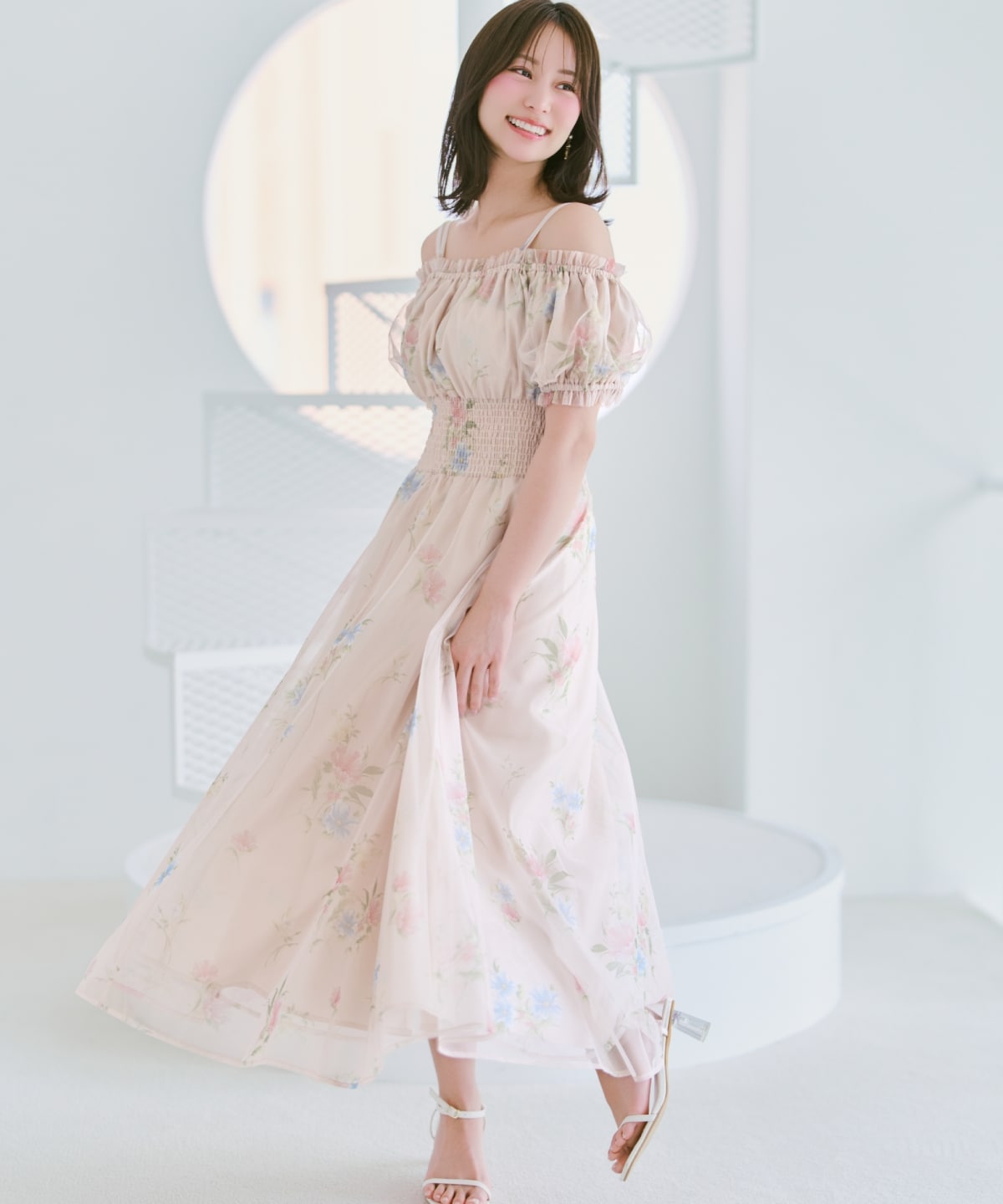フラワーメッシュオフショルワンピース