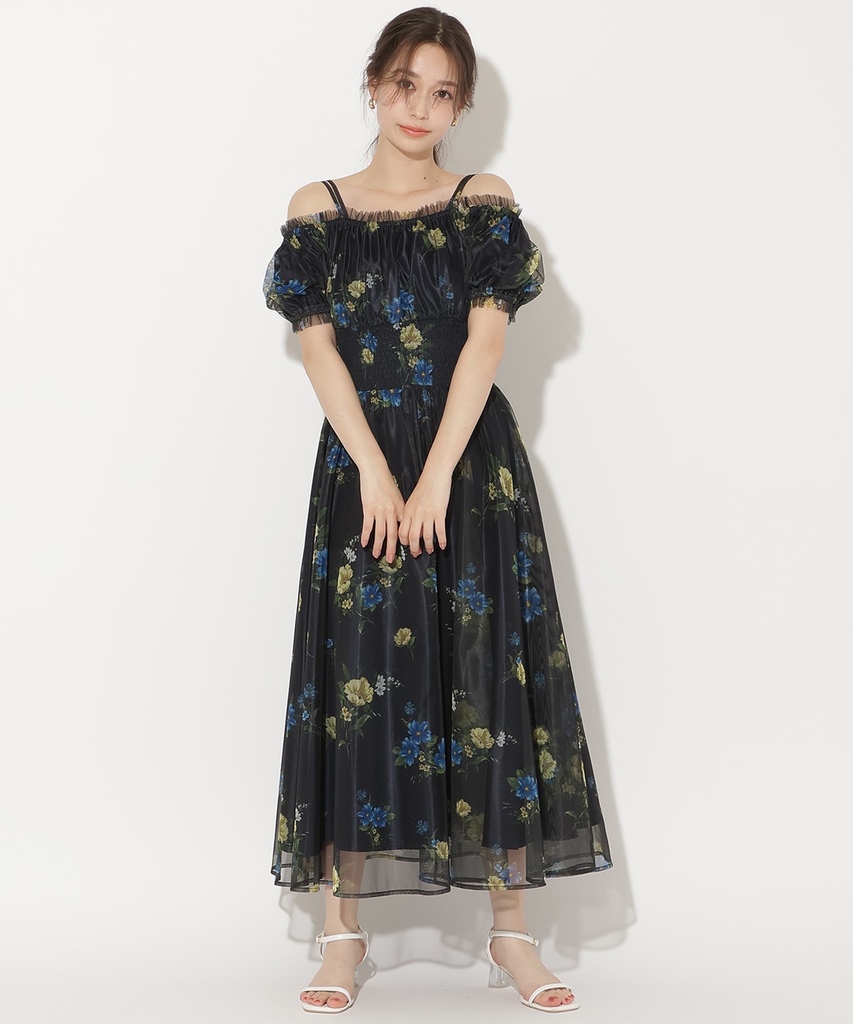 フラワーメッシュオフショルワンピース