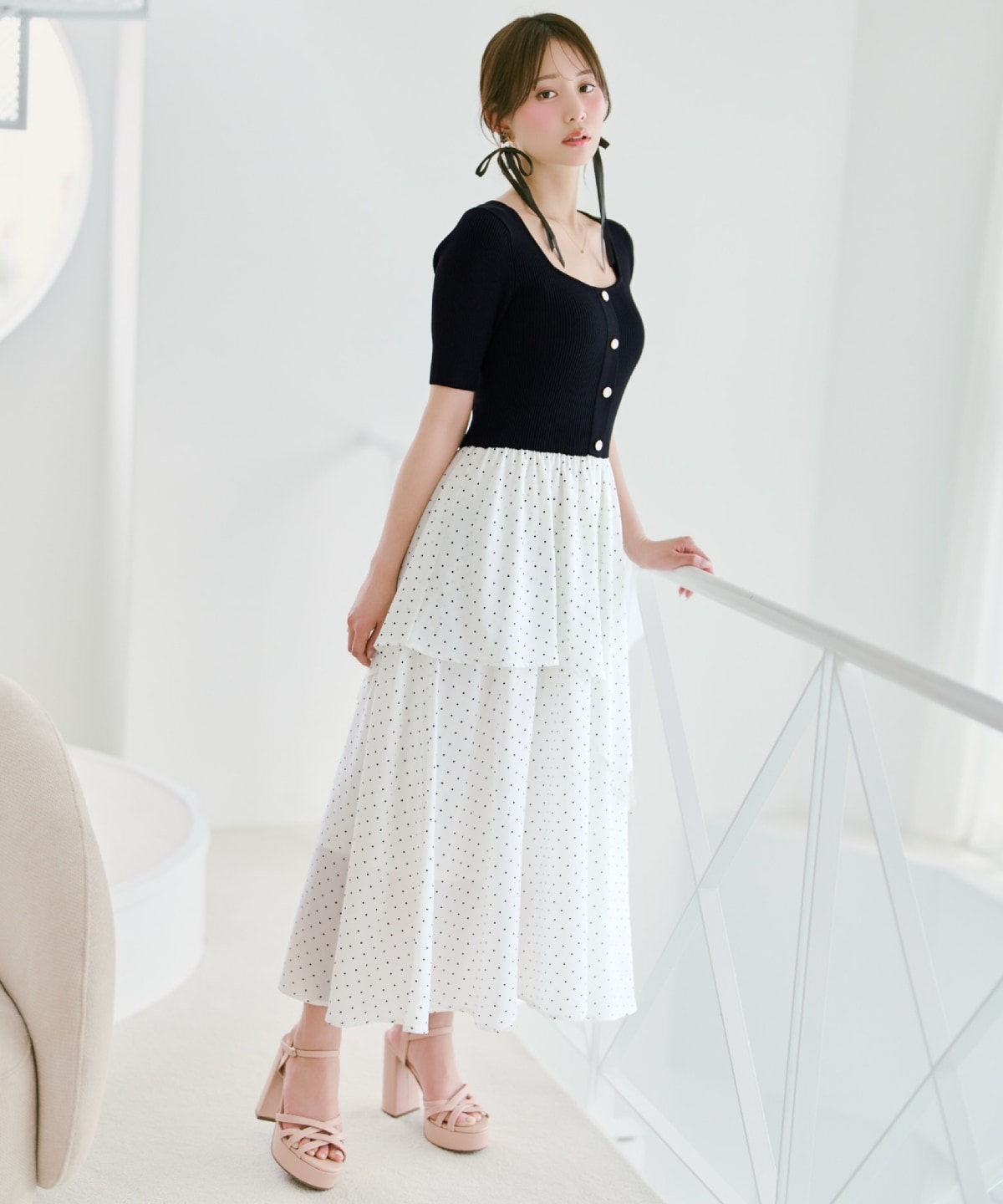 アシメティアードニットコンビワンピース