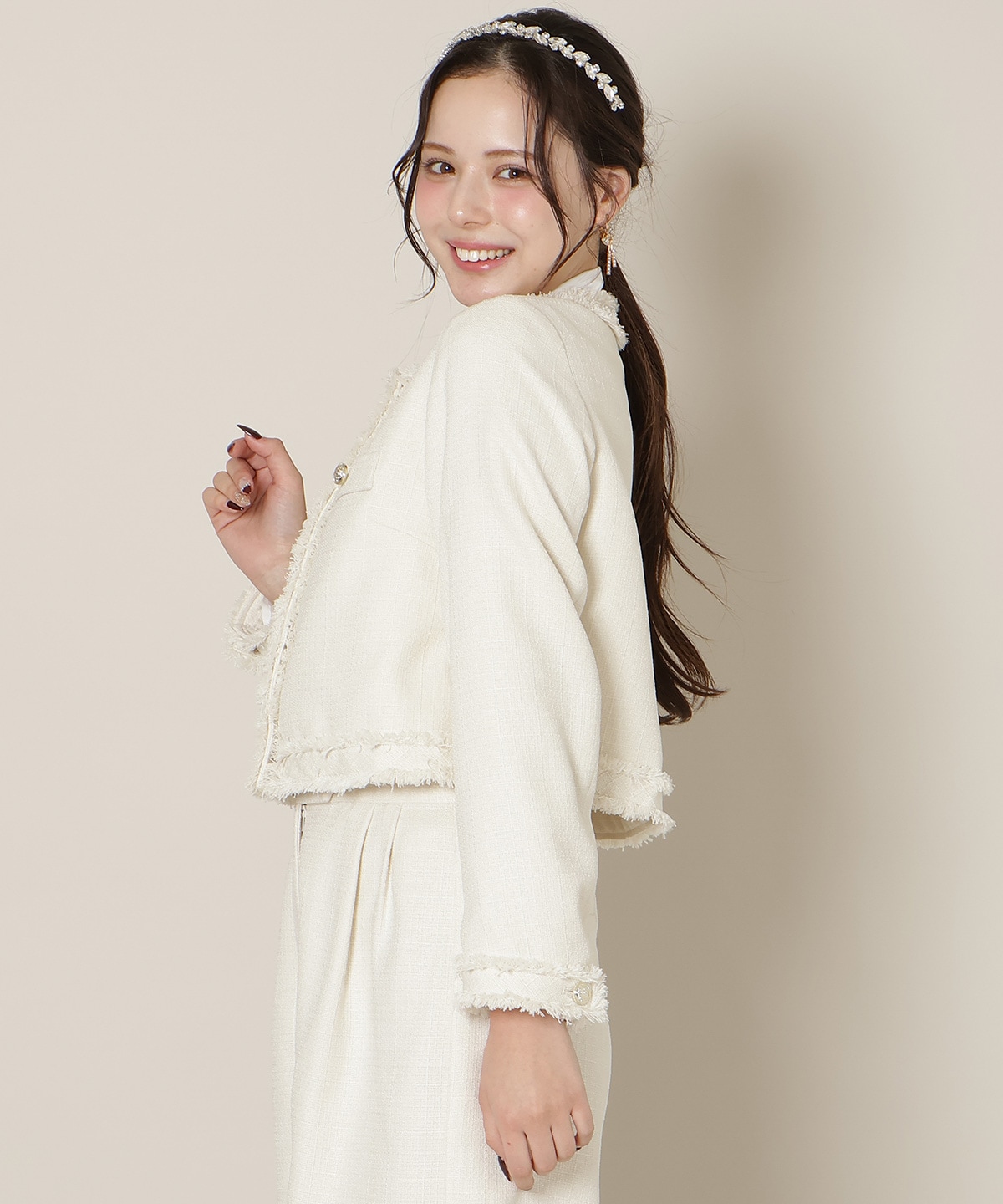 【Coming Soon】ノーカラーフリンジツイードジャケット