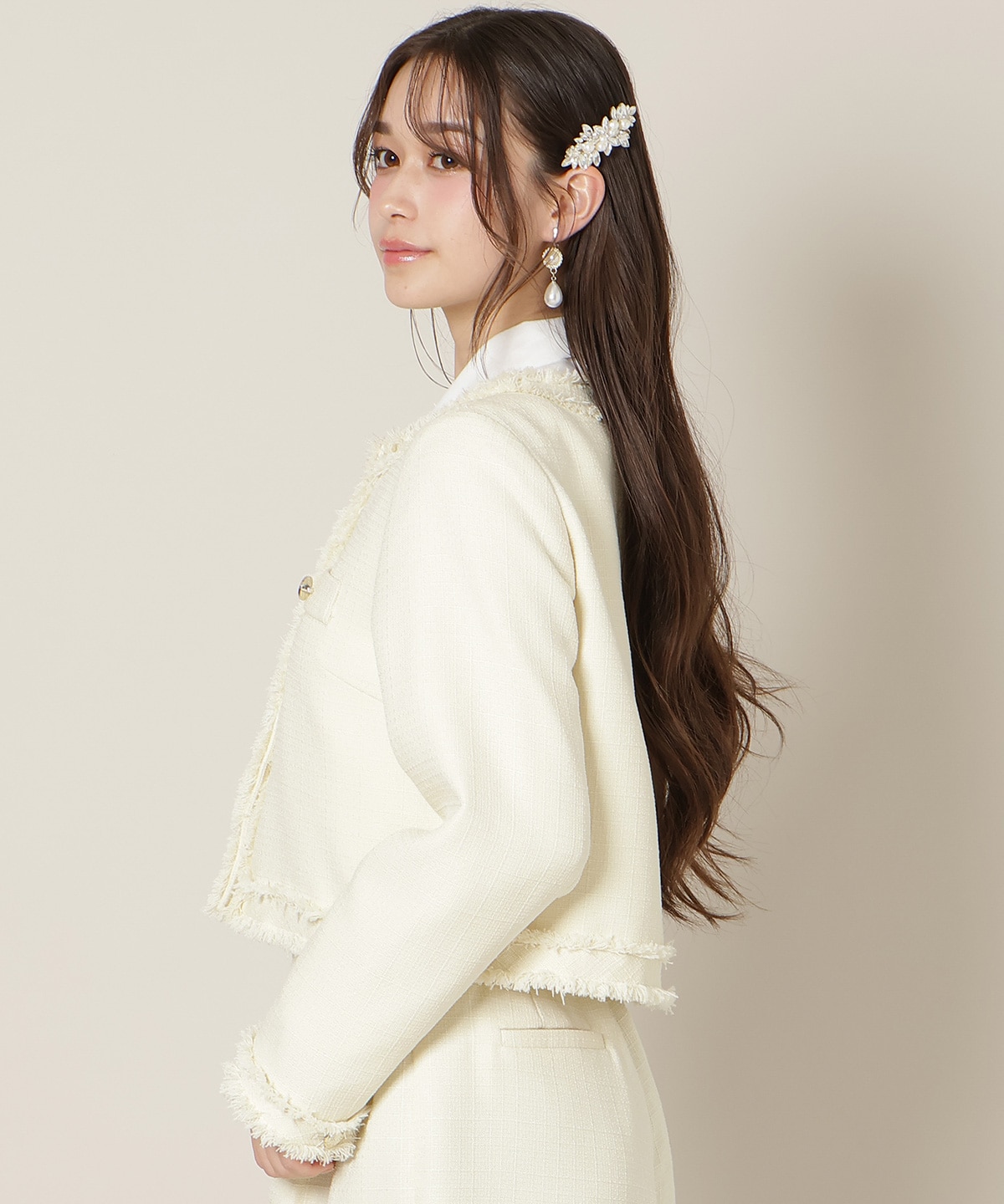 ノーカラーフリンジツイードジャケット