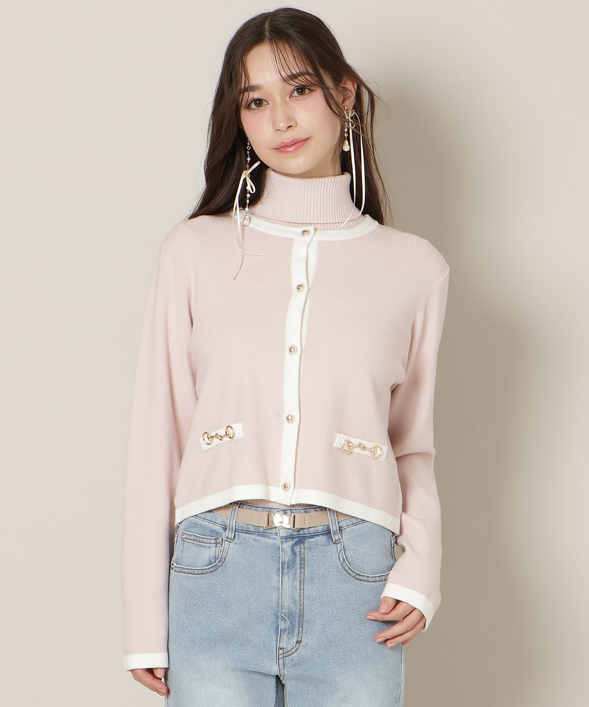 バイカラーアンサンブル【ハイネックトップス×カーディガンセット】