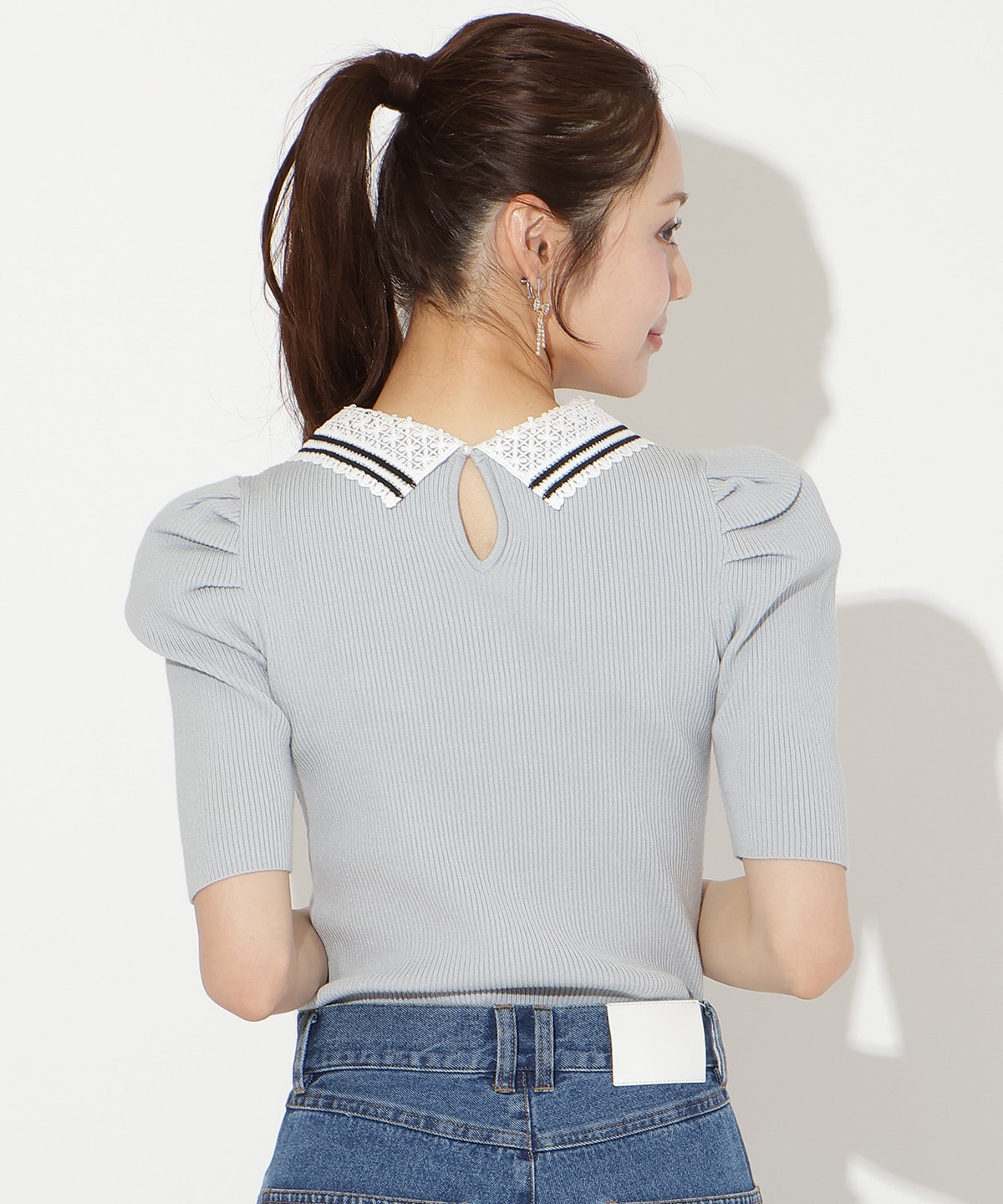 バイカラーレース襟リブニット