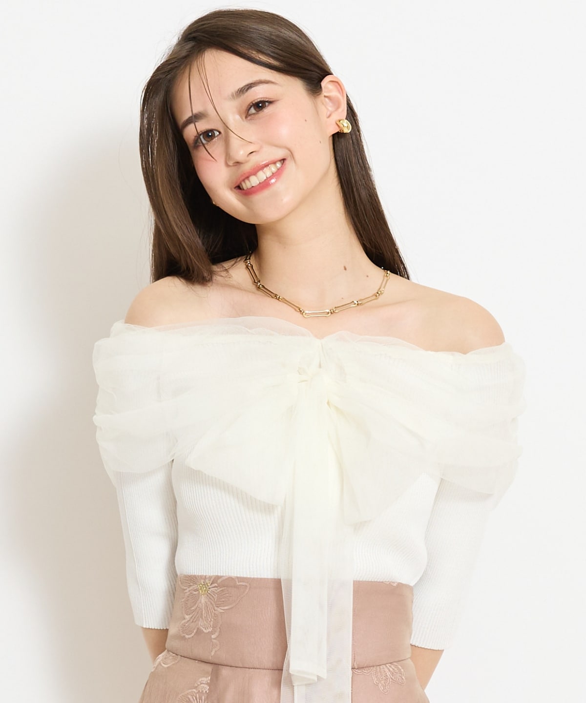 リボンチュールレイヤードリブニット