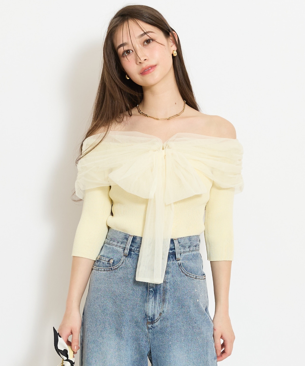 リボンチュールレイヤードリブニット