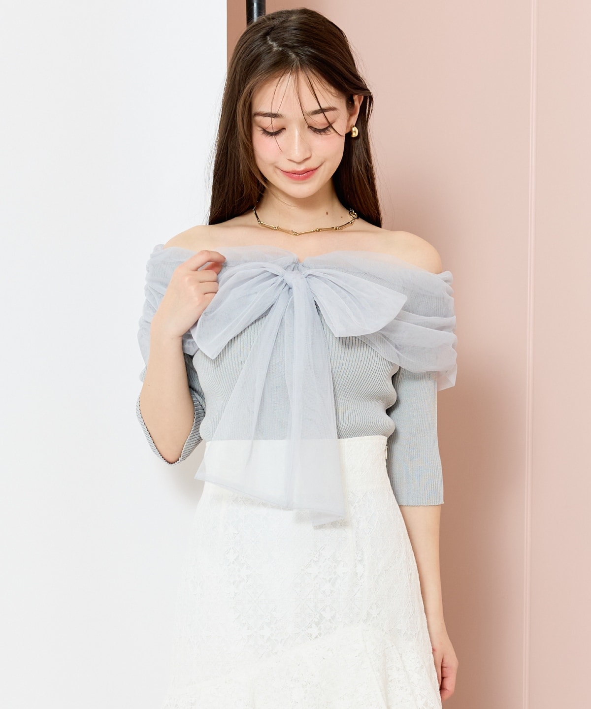 リボンチュールレイヤードリブニット