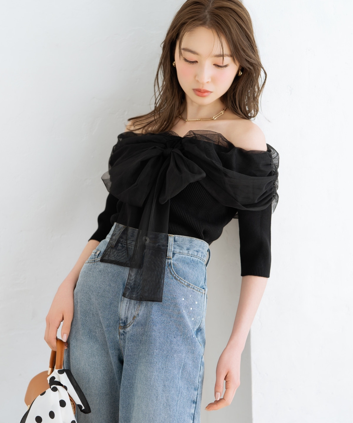 リボンチュールレイヤードリブニット