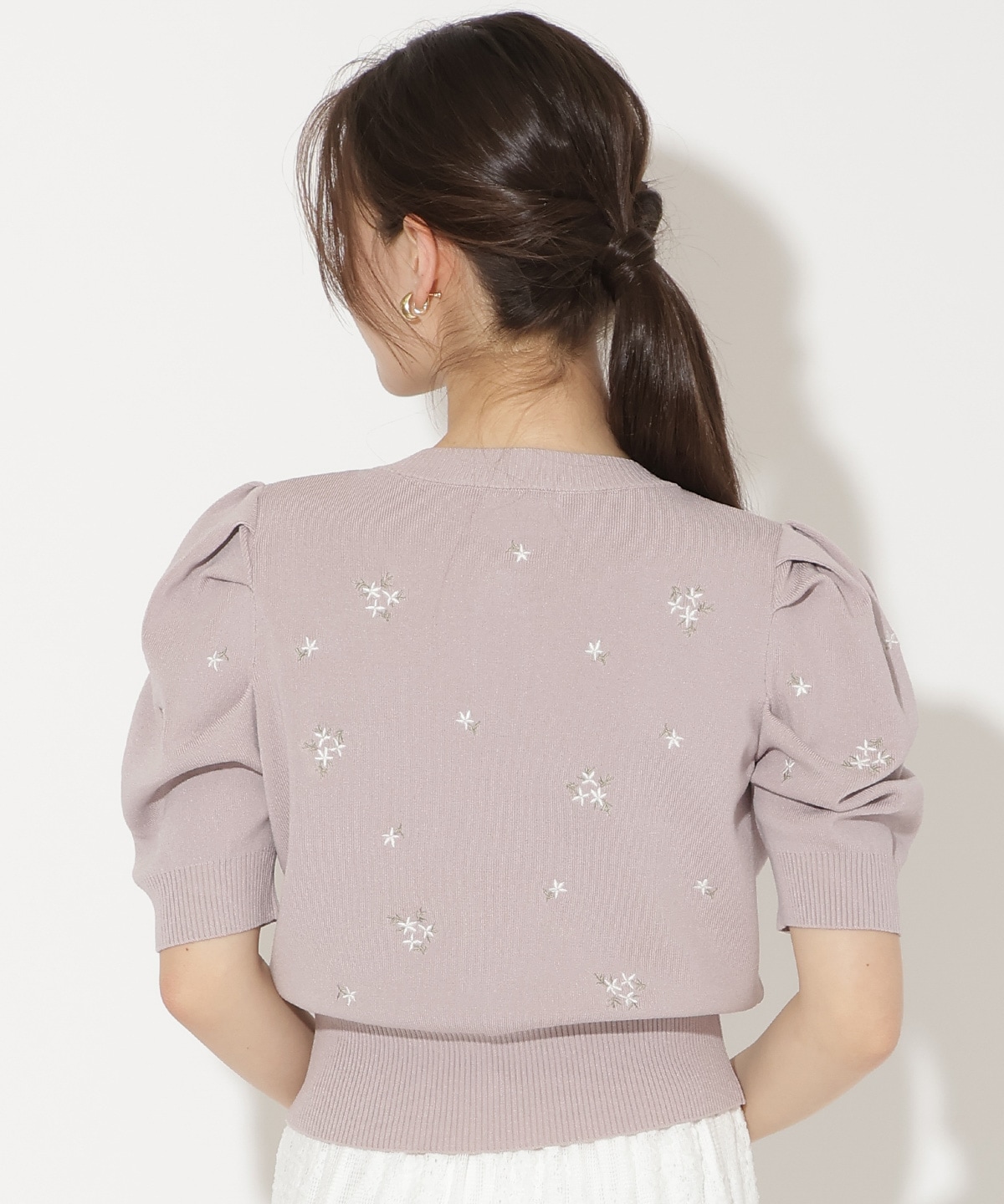 小花刺繍タックスリーブカーディガン