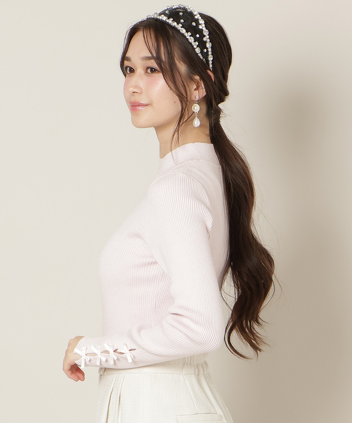 袖リボンラメリブニット