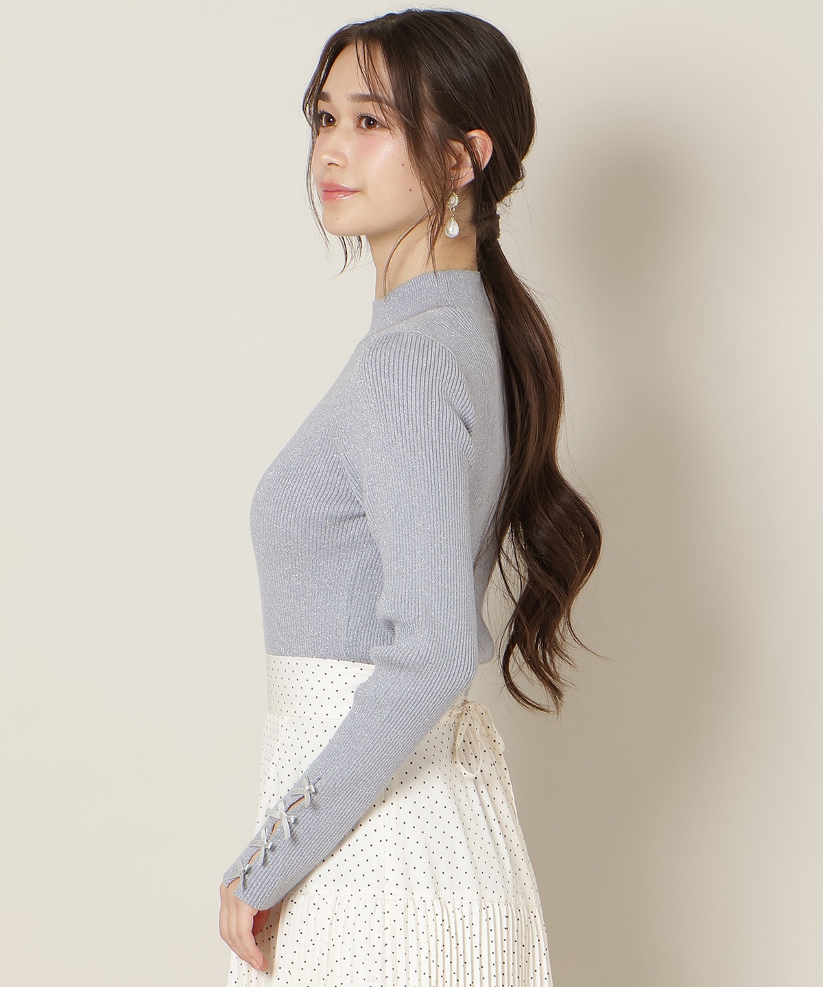 袖リボンラメリブニット